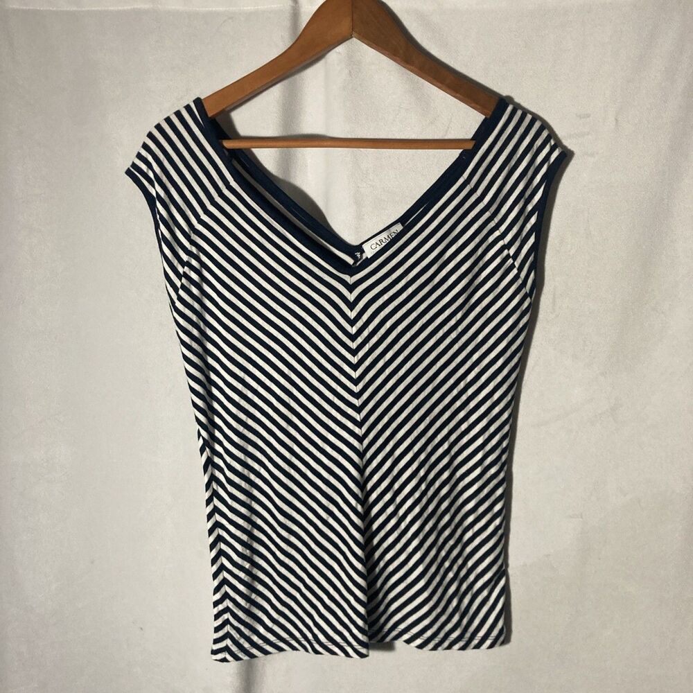 CARMEN Carmen Marc Valvo white blue striped v-neck cap sleeves top M